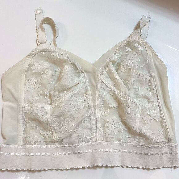 Vintage 1950s / 1960s Ivory Lace Panel Long Line Soft Cup Bra Corset Bustier - Picture 6 of 11